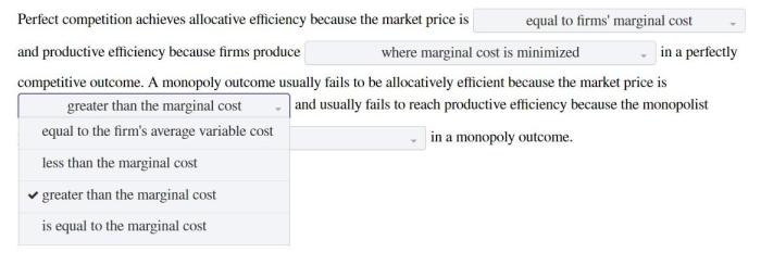 Complete the statement on allocative and productive efficiency