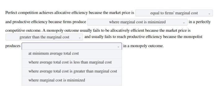 Complete the statement on allocative and productive efficiency