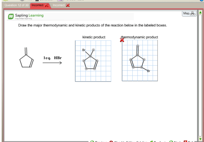 Draw the major thermodynamic and kinetic products of the reaction